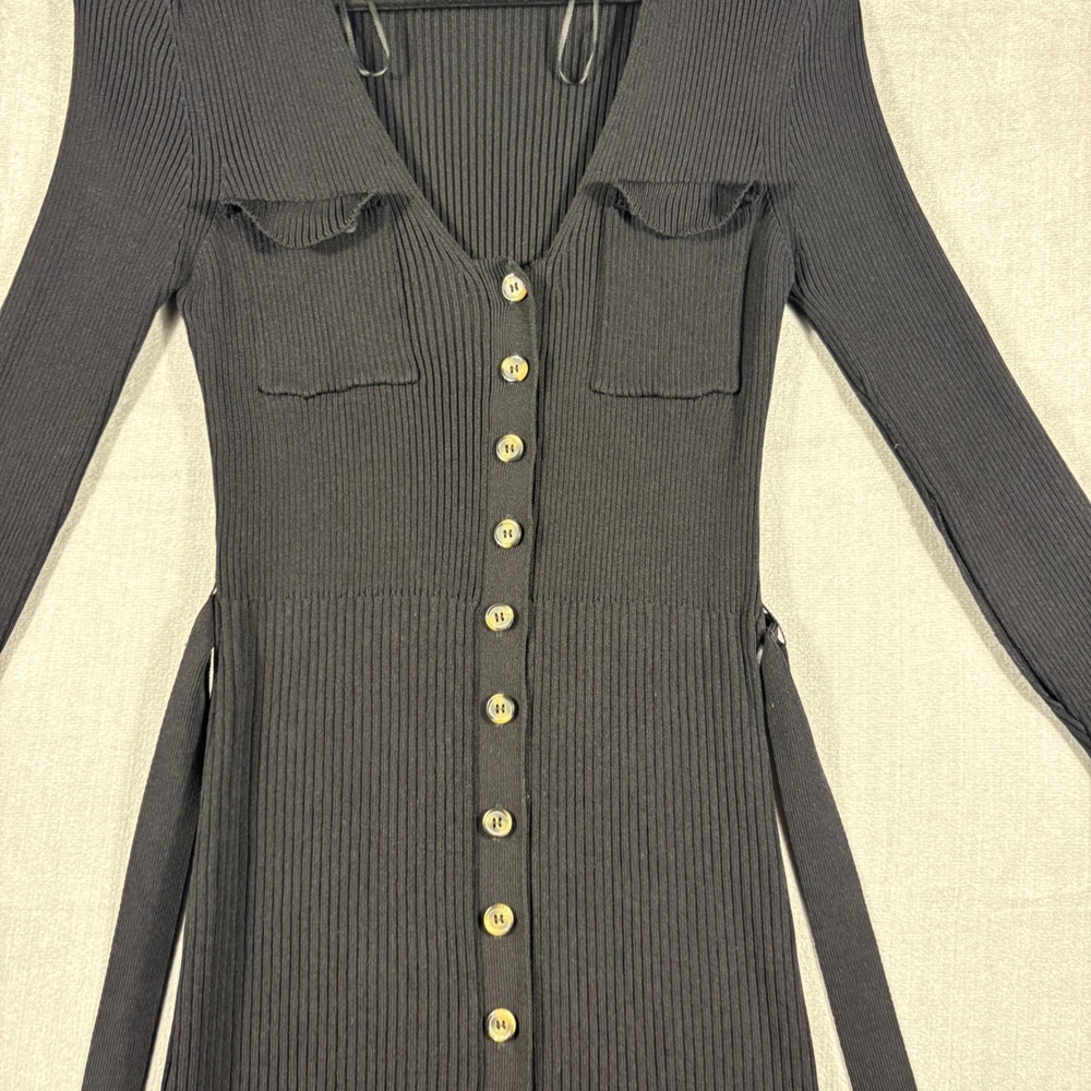 Zara Womens Black Ribbed Knit Button Down Midi Dress Long Sleeve Size L - Picture 5 of 14